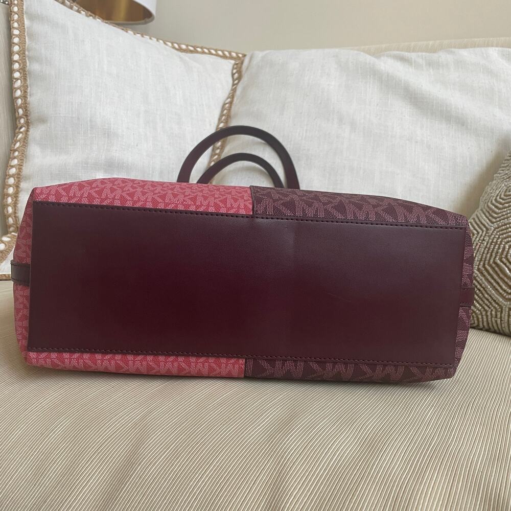 Michael Kors Jet Set Medium Tote | Colorblock MK Logo Pink Burgundy - Picture 8 of 14